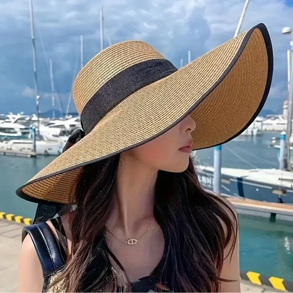 Adorned Accessories - Chic Tan and Black Wide Brim Hat